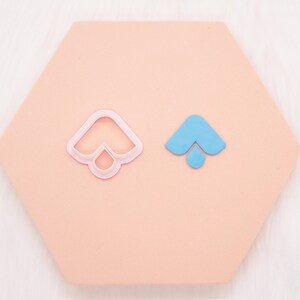 Pode incluir: Dois cortadores de biscoitos, um rosa e outro azul, em forma de flor estilizada com um topo em forma de coração e um centro em forma de lágrima.