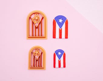 May include: Four decorative items, two are window-shaped with a brown wood-like finish and two are shaped like the flag of Puerto Rico with red, white, and blue stripes and a blue star.
