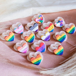 Puede incluir: Una colección de 12 banderas del orgullo arcoíris en forma de corazón con diferentes mensajes, incluyendo "LGBTQ+", "Ally", "Bi", "Lesbian", "Gay", "Pan", "Trans", "Queer", "Asexual", "No binario", "Intersexual" y "Demigirl".