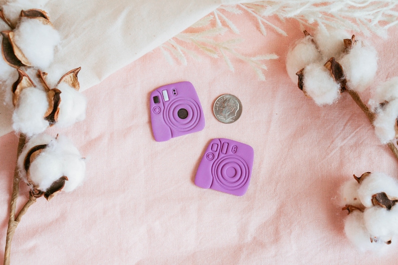 May include: Two purple miniature instant camera charms on a pink fabric background with cotton bolls.