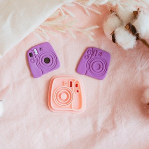 May include: Two purple and one pink plastic camera shaped molds on a pink fabric background with cotton boll stems.