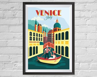 May include: A vintage travel poster featuring a colorful illustration of Venice, Italy. The poster depicts a gondola with a gondolier and a passenger on a canal with buildings in the background. The text "VENICE Italy" is at the top of the poster.
