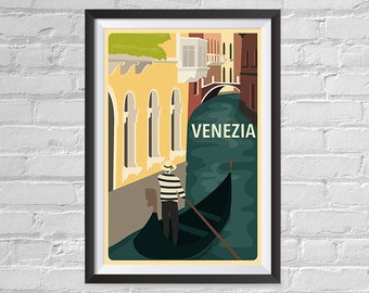 May include: A vintage-style travel poster featuring a gondola on a canal in Venice, Italy. The poster is framed in black and has the word "VENEZIA" printed in white on a green background.