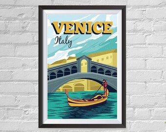 May include: A vintage travel poster with a black frame featuring a gondola on a canal in Venice, Italy. The poster has the text "VENICE Italy" in yellow and black lettering.