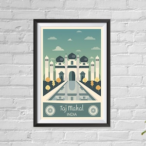 Boomeks - World Famous City Posters - Decorative, Vintage, Retro Travel Poster Printing - Wall Art Print for Home Office - Taj Mahal, India