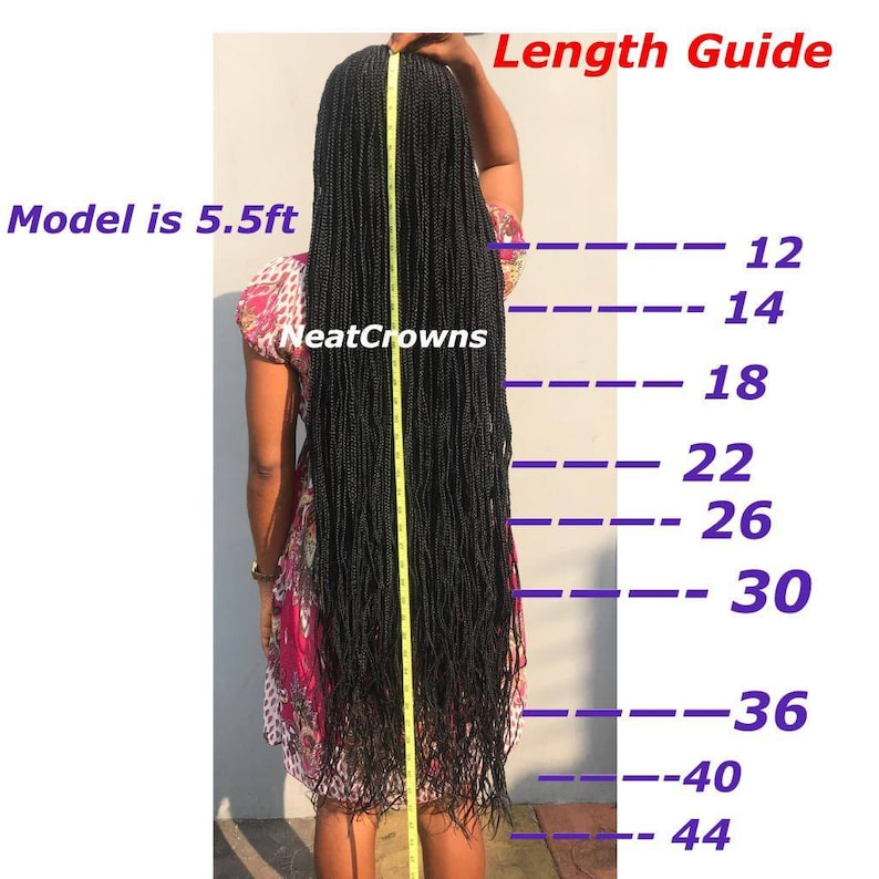 May include: A woman with long black braids stands in front of a measuring tape. The tape measures the length of her braids, which are 44 inches long. The text "Model is 5.5ft" and "Length Guide" are visible in the image.