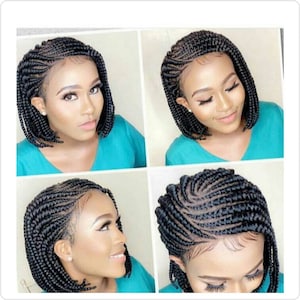 Peut inclure: Une femme avec des cheveux courts tressés noirs coiffés en bob. Les tresses sont petites et serrées, créant un look élégant et raffiné.