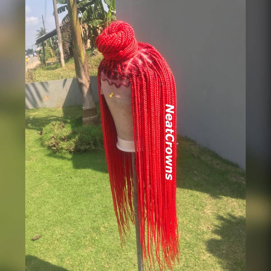 Ready to ship red knotless box braids cornrows wig cornrow wigs faux locs dreadlocks red braids lace wig passion twists micro lemonade heart