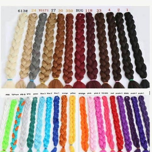 May include: A selection of 15 different colored synthetic braiding hair extensions. The hair is arranged in rows, with each row labeled with a number and a color name. The colors include lightcyan, gray, green, blue, orange, yellow, pink, red, purple, and black.