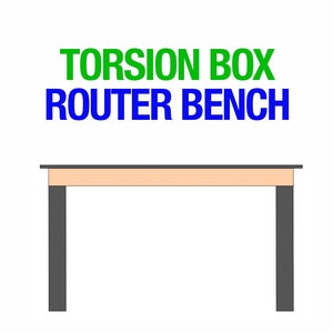 Könnte beinhalten: Eine einfache, hölzerne Fräsbank mit einer hellbraunen Tischplatte und schwarzen Beinen. Der Text "TORSION BOX ROUTER BENCH" ist in grünen und blauen Buchstaben über der Bank geschrieben.