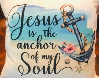 Jesus is the anchor of my soul white zippered pillow cover with seashell beach theme.