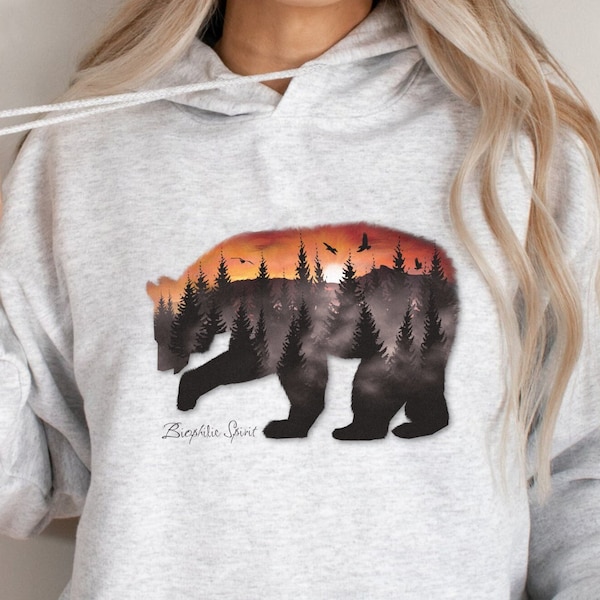 Spirit Bear Wildlife Natur Hoodie für Camping Sonnenuntergang Wald Pullover Geschenk für Naturliebhaber, Abenteuer Hoodie für Bärenliebhaber Pullover