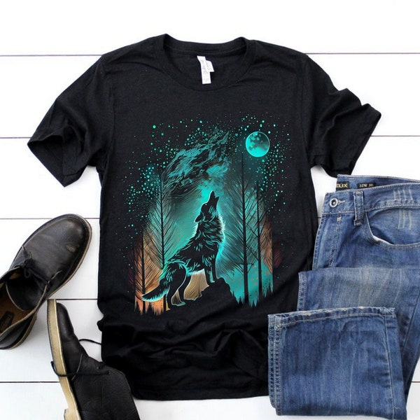 Wild Wolf Shirt, Wild Wolf howling at the Moon in a retro forest tee, Wolf Tshirt gift for Wolf Lover, Unique Wolf Art, Wildlife gift
