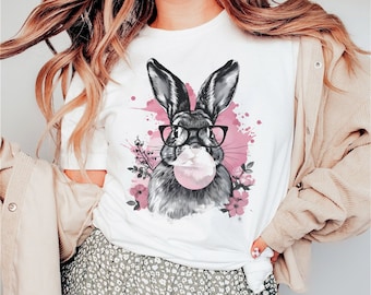 Rosa Blumen Bubble Gum Bunny Shirt, süßes Frühlingskaninchen Geschenk, süßes Osterhasen Grafik-T-Shirt, Ostara Shirts für Frauen, Tshirt für Frauen