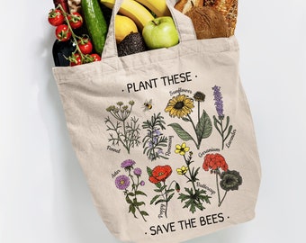 Plant These Save the Bees cotton cnavas tote bag for gardener, bag for bee lover, protect our pollinator tote, best gift for plant lover