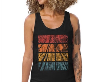 Colourful forest tank top for hiking adventures, Looking through trees abstract nature Tank top for nature lover, Camping tank top