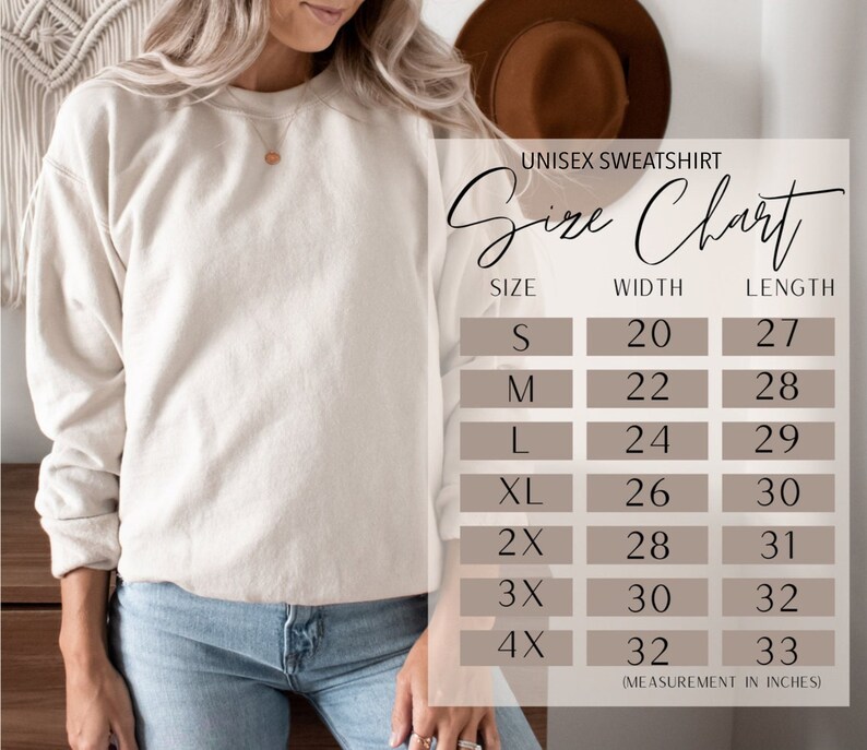 K&ouml;nnte beinhalten: Gr&ouml;&szlig;entabelle f&uuml;r Unisex-Sweatshirt mit Ma&szlig;en in Zoll. Die Tabelle zeigt die Breite und L&auml;nge des Sweatshirts in den Gr&ouml;&szlig;en S, M, L, XL, 2X, 3X und 4X.