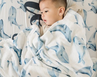 Personalized Blue Whale Baby Blanket, Soft Minky Fleece, Custom Name Gift