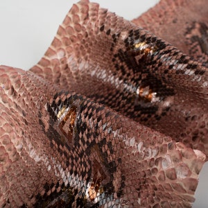 Può includere: Primo piano di una pelle di serpente rosa con un motivo testurizzato e accenti dorati.