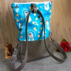 Lourdes Apparition Handmade Convertible Backpack and Fold-Over Catholic Shoulder Bag, Gift for Mom, Gift for Daughter, Mass Bag, Tote Bag