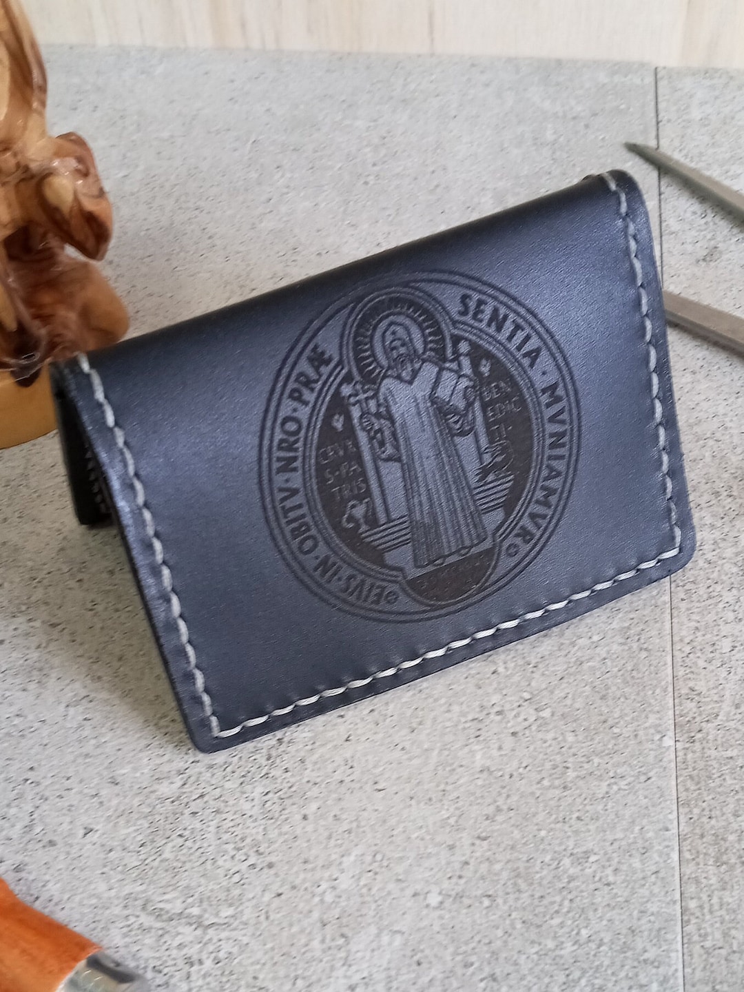 Catholic Saint Benedict Black Leather Card Wallet | Handstitched - Etsy