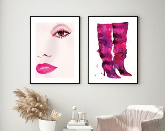 Pink Watercolor Beauty Portrait | Fashion Illustration | Fashion Faces Print | Abstract Face Print | Beauty Room Print | Woman Face Art