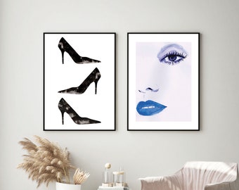 Woman Face Wall Art | Blue Watercolor Makeup Art Print | Makeup Artist | Watercolor Makeup Illustration | Beauty Illustration | Lashes Art