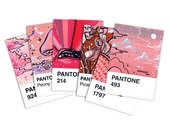 tiny pantone print set / pink + red pack / 6 playing card size illustration cardstock prints