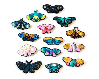 moth magnets - individual or bundles / hand painted polymer clay resin fridge whiteboard magnet