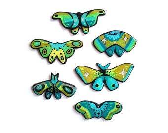 green moths magnet set | 6pcs hand painted polymer clay resin fridge whiteboard magnets pack