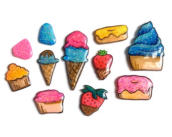 sweet things / 11 piece assorted illustrated handmade magnets | hand painted shrink plastic resin magnet set