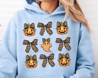 Camisa con lazo de leopardo coqueta/Camiseta con calabaza brillante/Suéter con fantasma brillante/Camiseta de Halloween femenina/Camiseta de Halloween con leopardo coqueta/Camiseta suave para niña