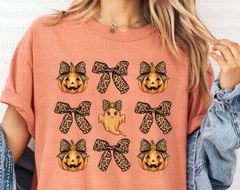Camisa con lazo de leopardo coqueta/Camiseta con calabaza brillante/Suéter con fantasma brillante/Camiseta de Halloween femenina/Camiseta de Halloween con leopardo coqueta/Camiseta suave para niña