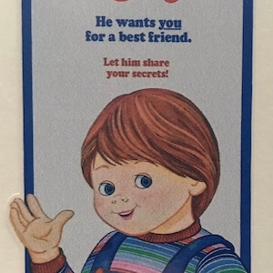 Good Guys 4.5x2.5” full color die cut decal water resistant! Childs Play Chucky sticker