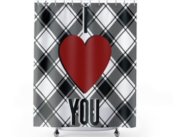 I Heart You Red Shower Curtain / Surprise Engagement Gift / Black White Red Plaid Shower Curtain