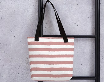 Edgy Striped Pink and White Tote, Striped Tote Bag, Fashionable Tote Bag, Pink and White Tote Bag, Pink and White Book Bag, Travel Tote