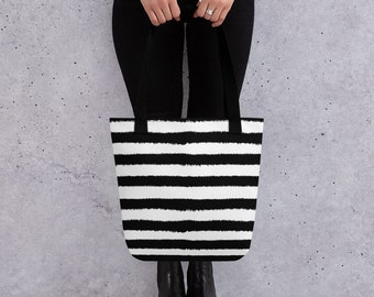 Edgy Striped Black and White Tote, Striped Tote Bag, Fashionable Tote Bag, Black and White Tote Bag, Black and White Book Bag, Travel Tote