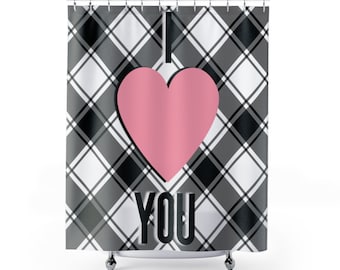 Pink Heart Shower Curtain / Best Bridal Shower Gift / I Love You Shower Curtain / Engagement Gift, Black and White Shower Curtain, B&W Plaid