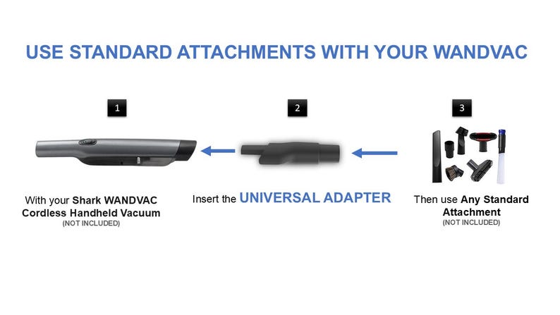 Puede incluir: Diagrama que muestra c&oacute;mo usar accesorios est&aacute;ndar con una aspiradora de mano inal&aacute;mbrica Shark WANDVAC. La imagen muestra la aspiradora, un adaptador universal y varios accesorios. El texto dice "Use accesorios est&aacute;ndar con su Wandvac."