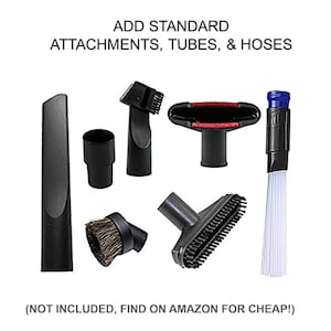 Puede incluir: Una colecci&oacute;n de accesorios negros para aspiradora, que incluyen una boquilla para rincones, un cepillo para polvo y varias boquillas. El texto "ADD STANDARD ATTACHMENTS, TUBES, & HOSES" se muestra encima de los accesorios.
