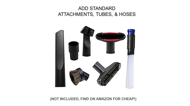 Puede incluir: Una colecci&oacute;n de accesorios negros para aspiradora, que incluyen una boquilla para rincones, un cepillo para polvo y varias boquillas. El texto "ADD STANDARD ATTACHMENTS, TUBES, & HOSES" se muestra encima de los accesorios.