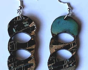 Dark Speckled Teal Chain-Link Earrings | Modern Minimalist Wood Drops
