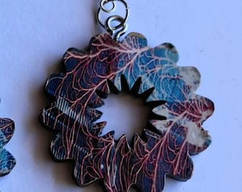 Plasma Fractal Wreath Earrings - Vintage Science Magazine Wood Drops