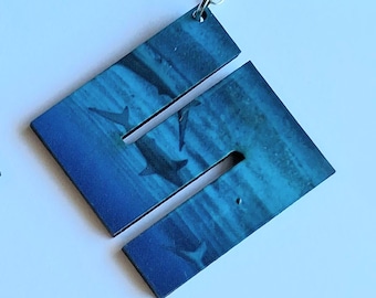 Moody Ocean Shark Rectangular Earrings | Vintage Marine Wood Collage
