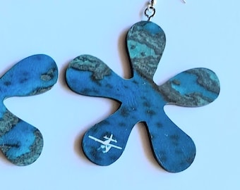 Reversible Magma & Ocean Blue Flower Earrings | Double-Sided Wood Collage Drops