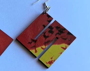 Red Sunset Bird Silhouette Slats | Vintage Landscape Wood Collage