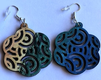 Double-Sided Patina & Ocean Filigree Earrings | Vintage Archival Art Wood Drops