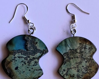 Swirling Teal & Black Nebula Earrings | Vintage Archival Art Wood Drops