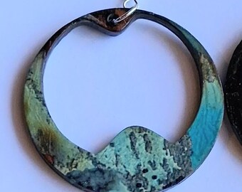 Teal Wavy Open Hoop Earrings | Vintage Landscape Wood Collage