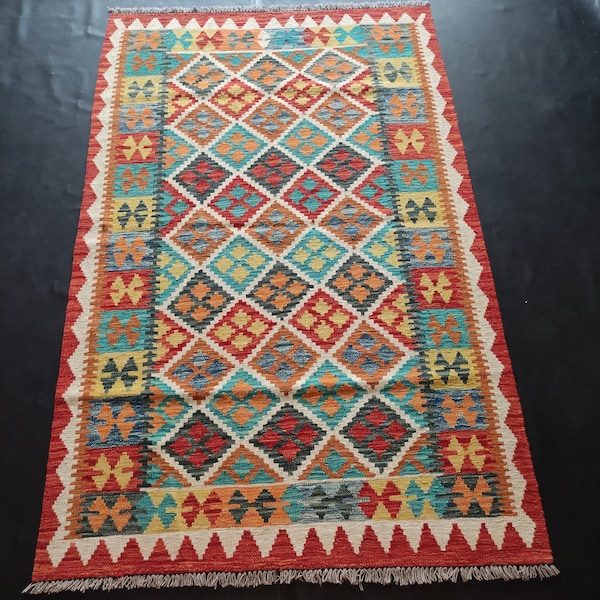 Kilim Rug Classic, Handmade Artisan Afghan Turkish Aztec Geometric Wool Kilim Rug 200x126 CM